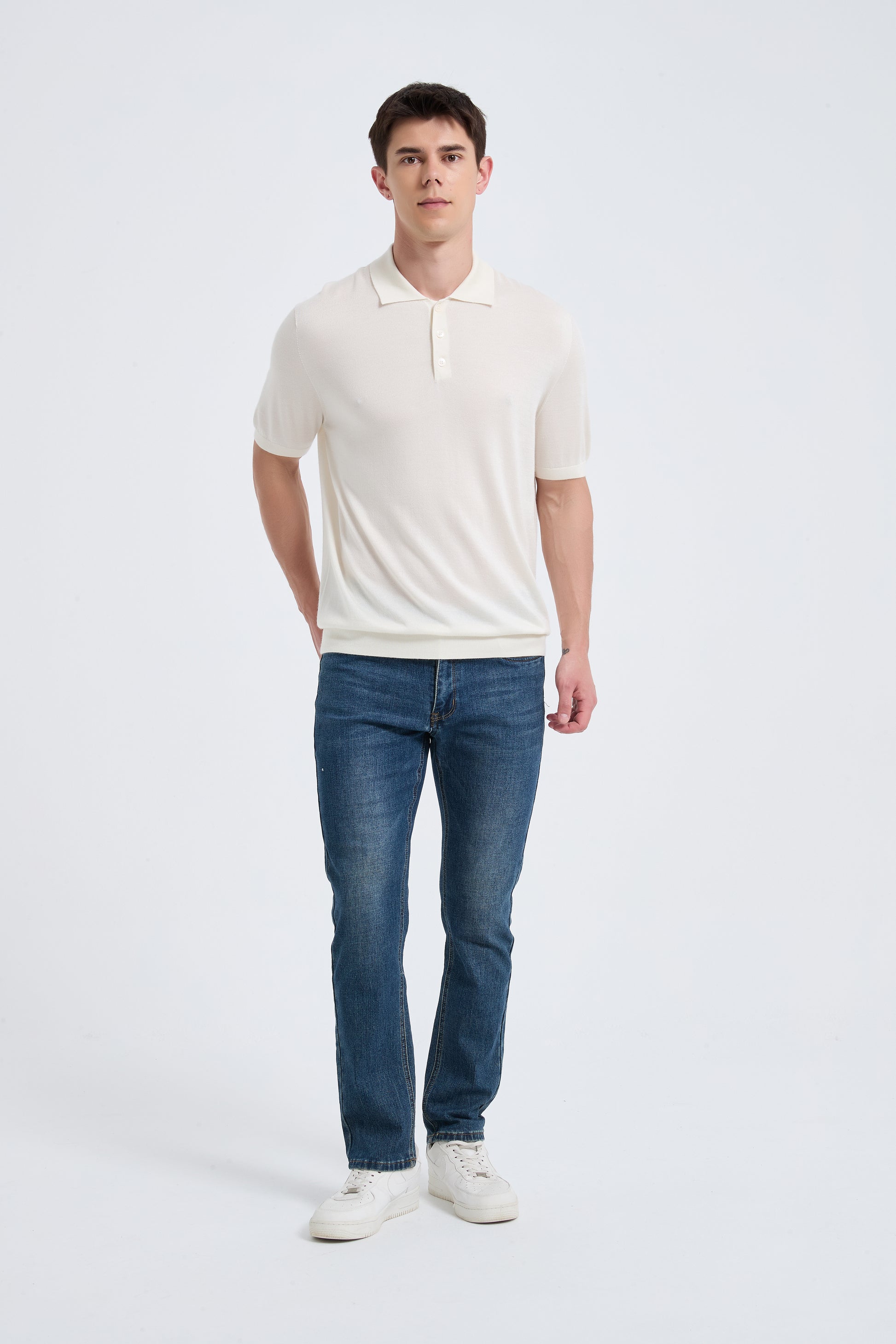 Wholesale Men's White Short Sleeve Worsted Silk Cashmere Polo Shirt From Chinese Manufacturer