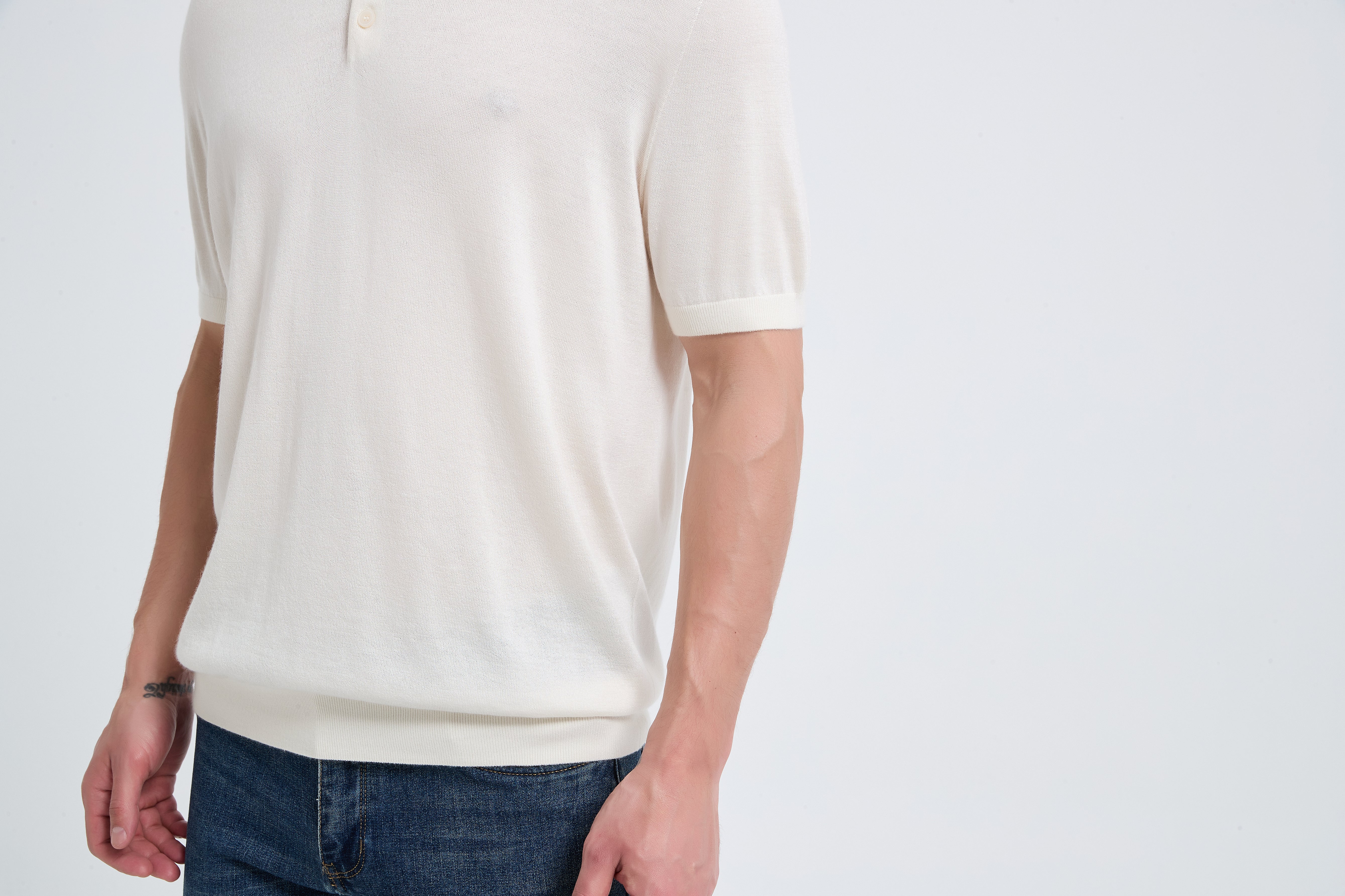 Wholesale Men's White Short Sleeve Worsted Silk Cashmere Polo Shirt From Chinese Manufacturer