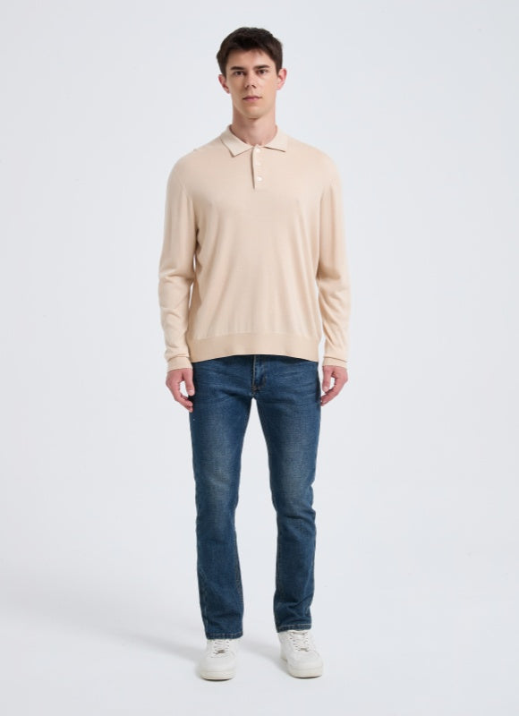 High Quality Men's Long Sleeve Worsted Silk Cashmere Polo Pullover From Chinese Factory