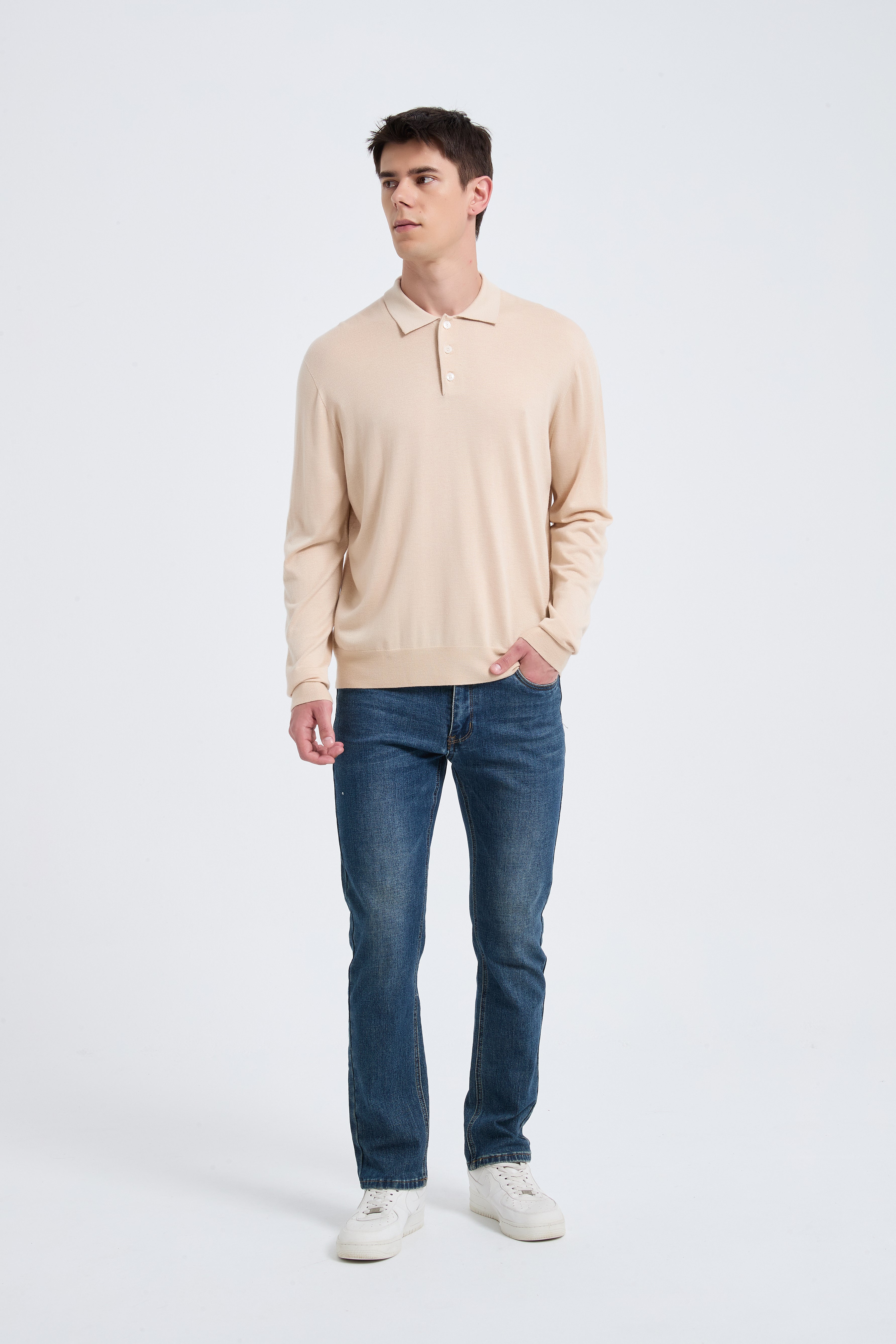High Quality Men's Long Sleeve Worsted Silk Cashmere Polo Pullover From Chinese Factory
