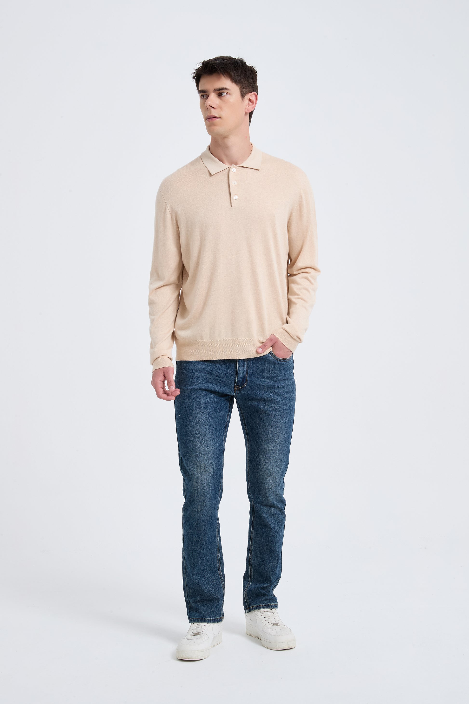 High Quality Men's Long Sleeve Worsted Silk Cashmere Polo Pullover From Chinese Factory