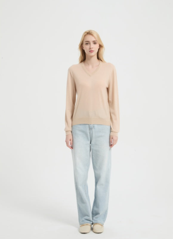New Arrival ODM Ladies 100% Worsted Baby Cashmere V-neck Sweater From Chinese Supplier