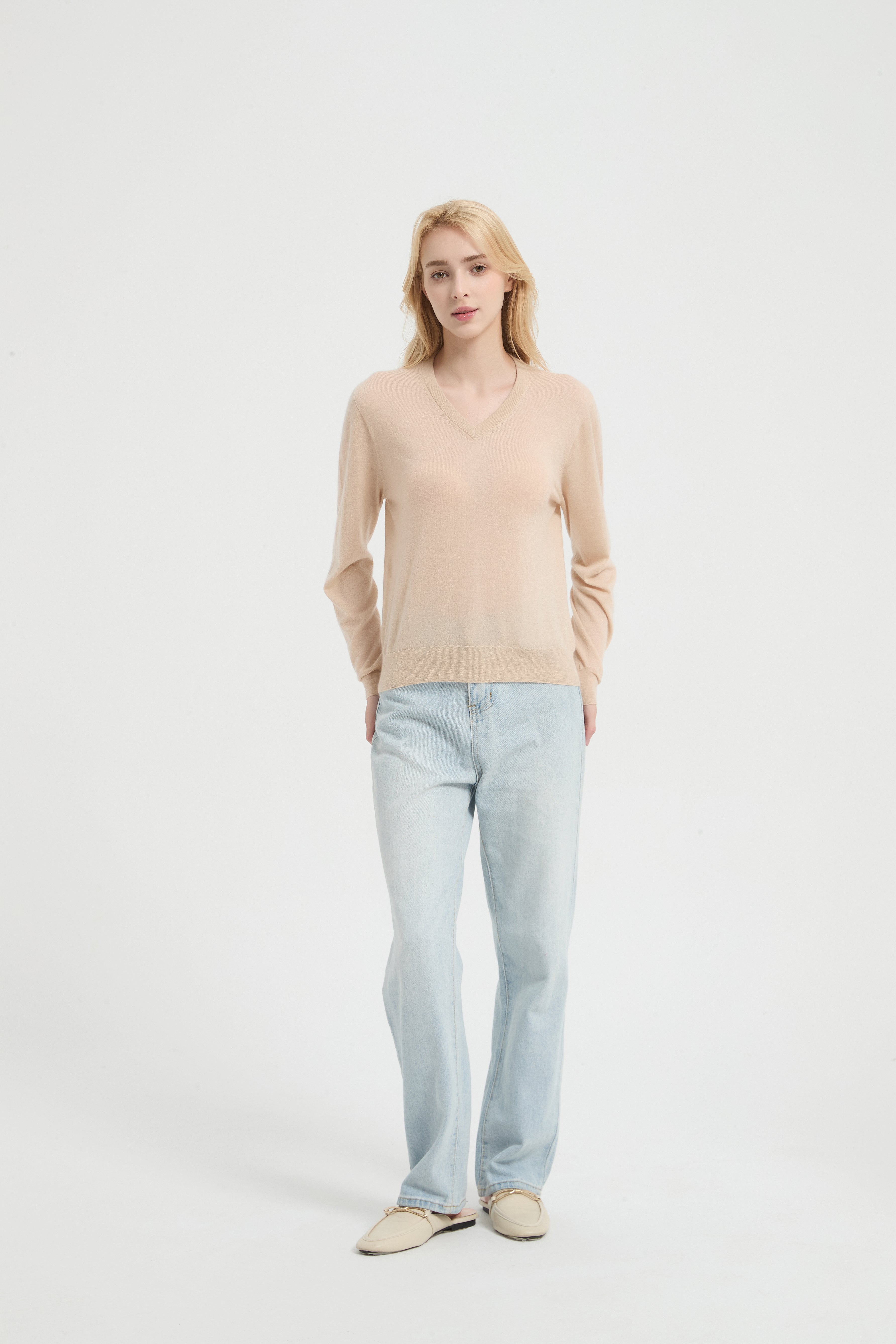 New Arrival ODM Ladies 100% Worsted Baby Cashmere V-neck Sweater From Chinese Supplier