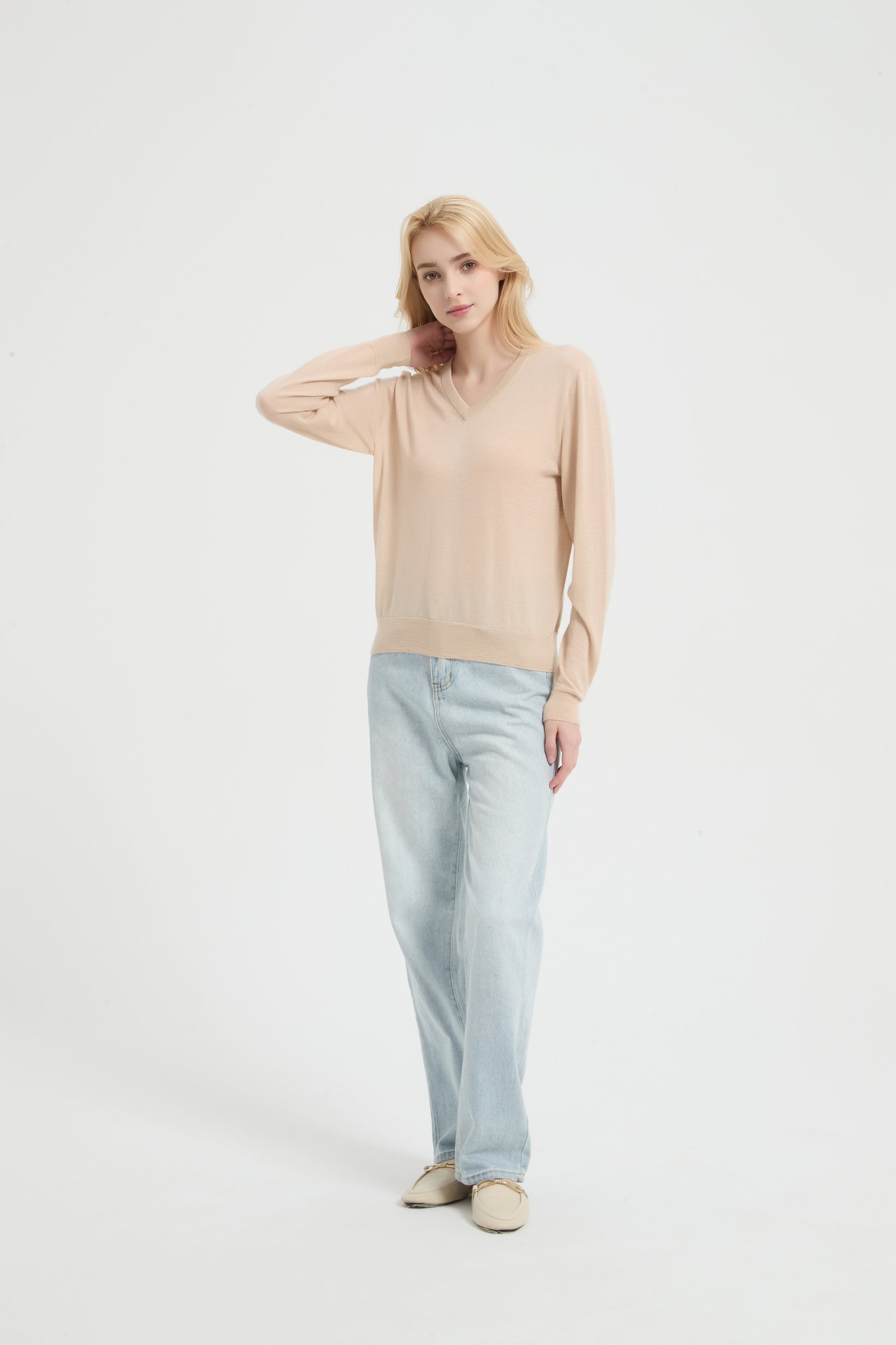 New Arrival ODM Ladies 100% Worsted Baby Cashmere V-neck Sweater From Chinese Supplier