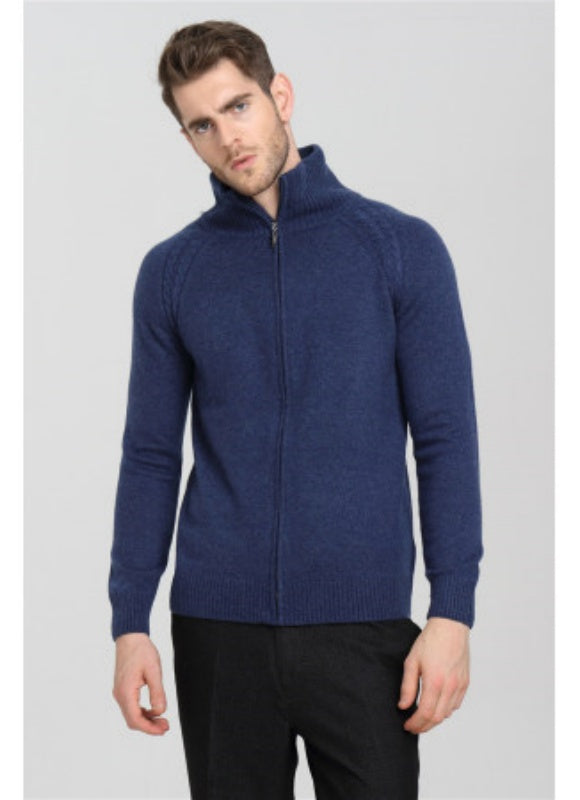 OEM high quality men blue zipper with half high collar cashmere cardigan China vendor