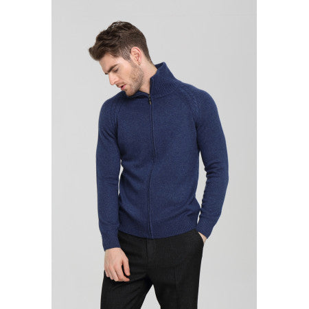 OEM high quality men blue zipper with half high collar cashmere cardigan China vendor