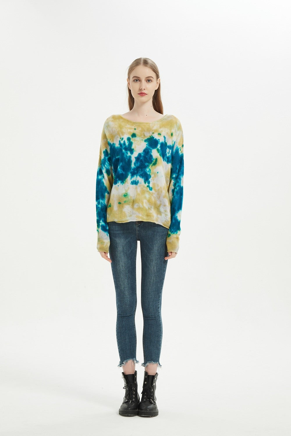 Custom design high quality ladies round neck tie dye wool cashmere pullover knitwear for fall winter