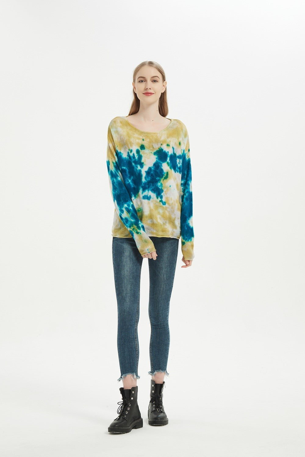 Custom design high quality ladies round neck tie dye wool cashmere pullover knitwear for fall winter