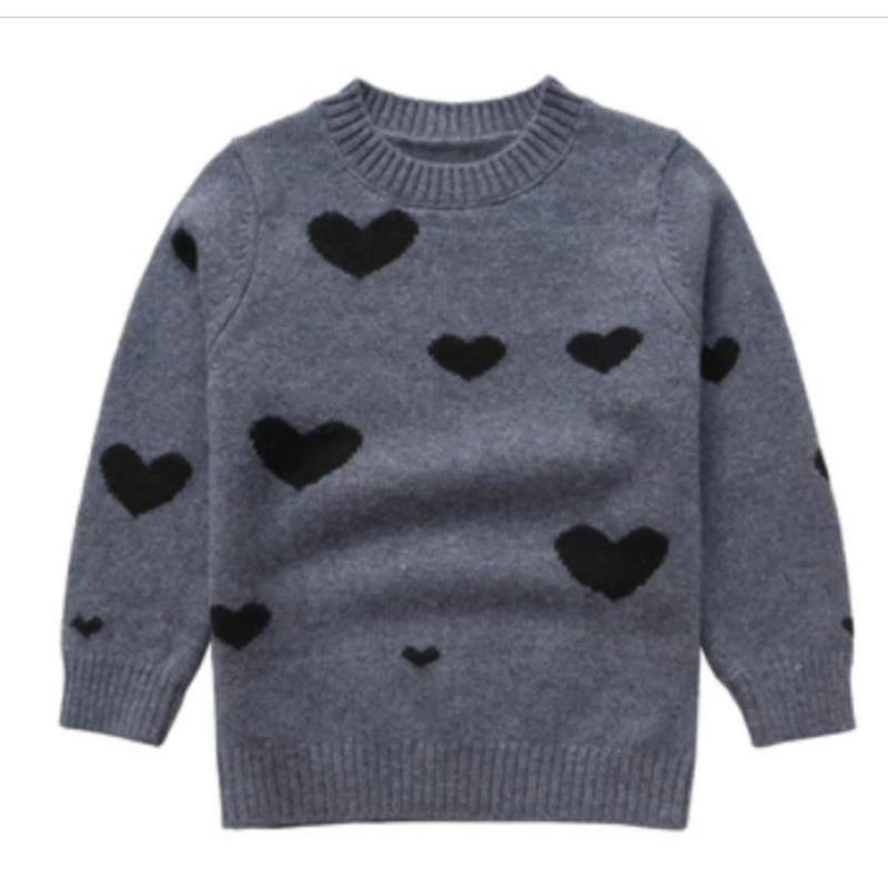 Custom Design Kid Girl Round Neck Grey Cashmere Sweater With Heart Pattern