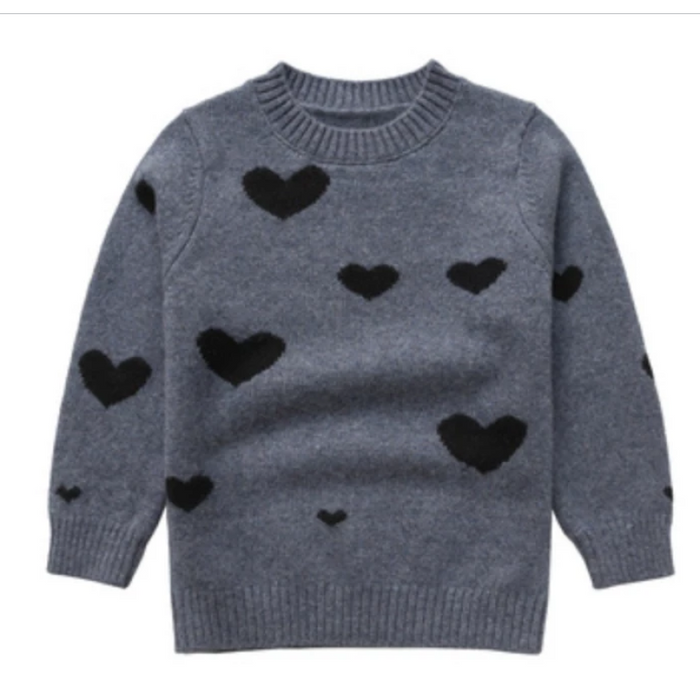 Custom Design Kid Girl Round Neck Grey Cashmere Sweater With Heart Pattern