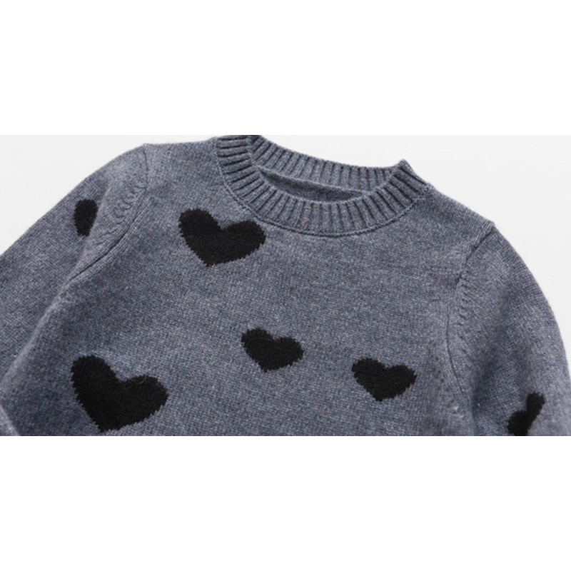 Custom Design Kid Girl Round Neck Grey Cashmere Sweater With Heart Pattern