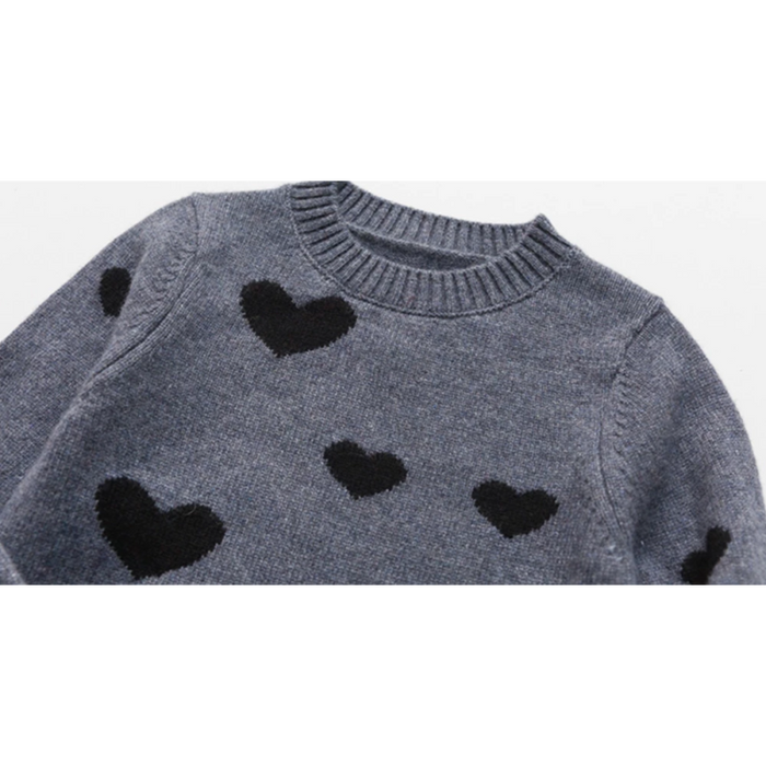 Custom Design Kid Girl Round Neck Grey Cashmere Sweater With Heart Pattern