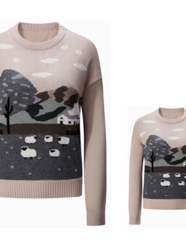 Cashmere knitting parent-child sweater with landscape intarsia pattern in nature color