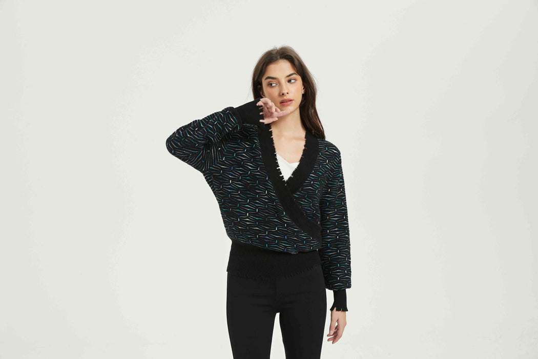 Custom design Ladies Cashmere Fancy Jacquard V-neck Sweater