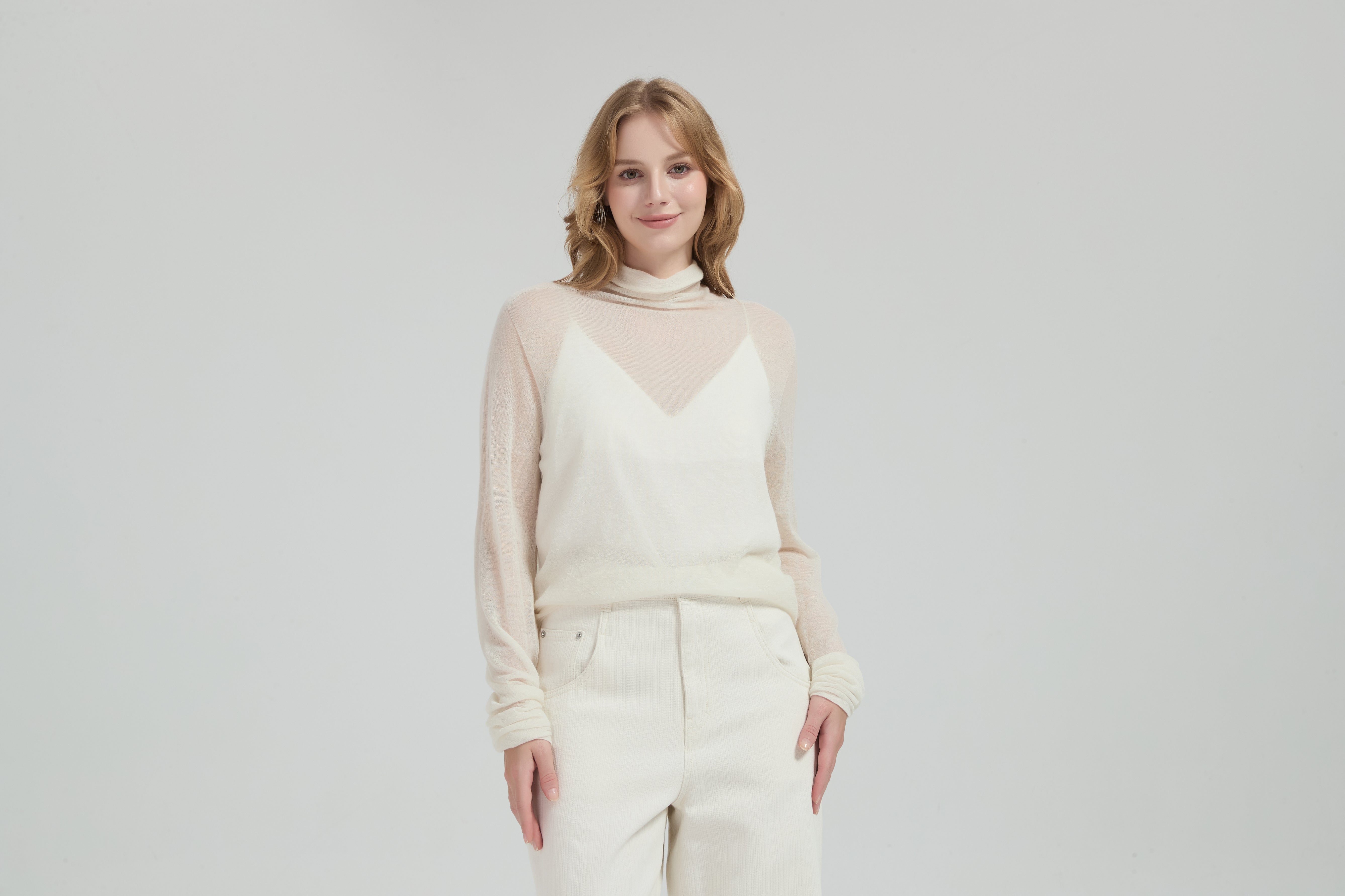 New Arrival Wholesale ladies 50%Cashmere 50%PVA high neck pullover knitwear
