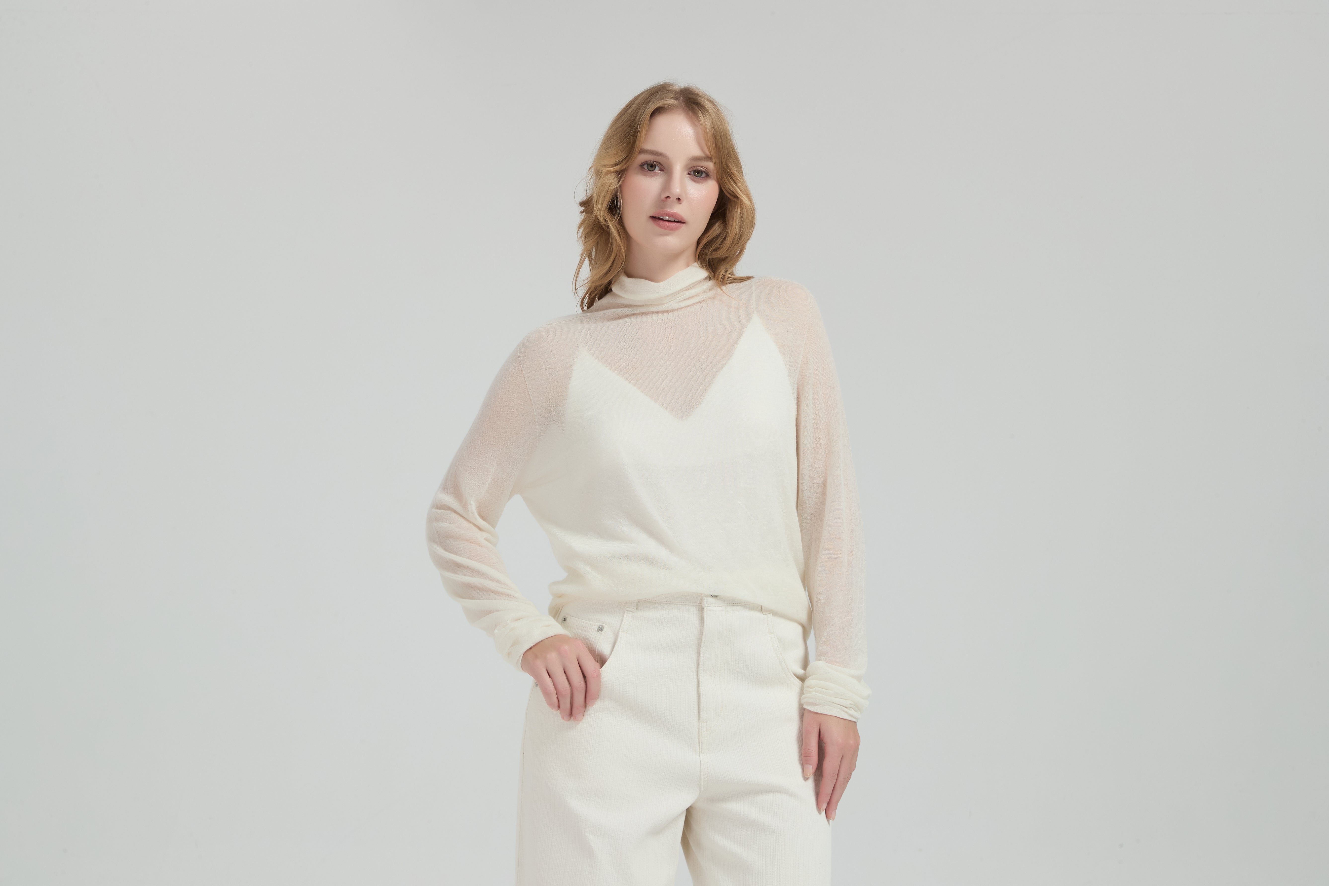 New Arrival Wholesale ladies 50%Cashmere 50%PVA high neck pullover knitwear