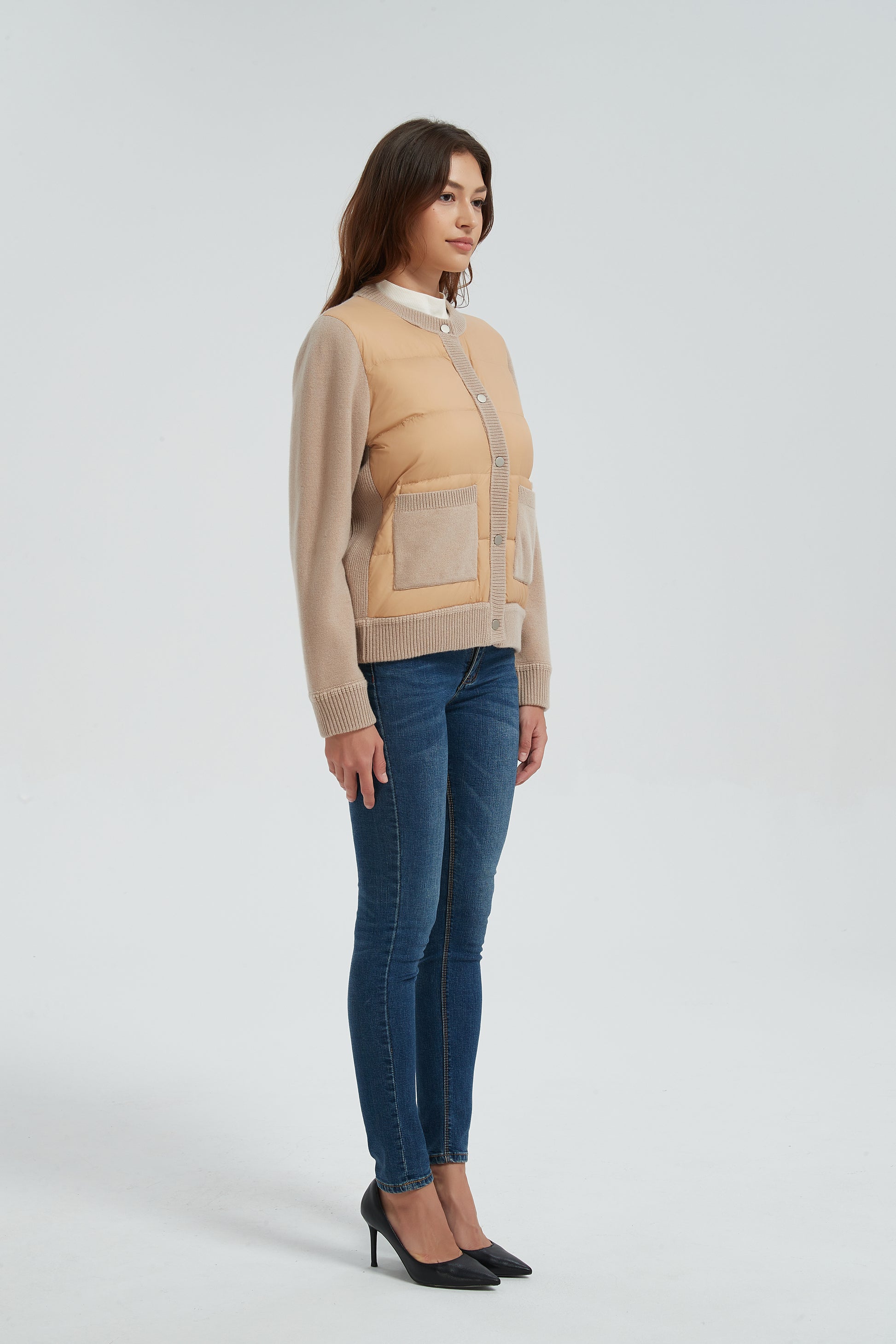 New design women khaki button-style cashmere down jacket from China