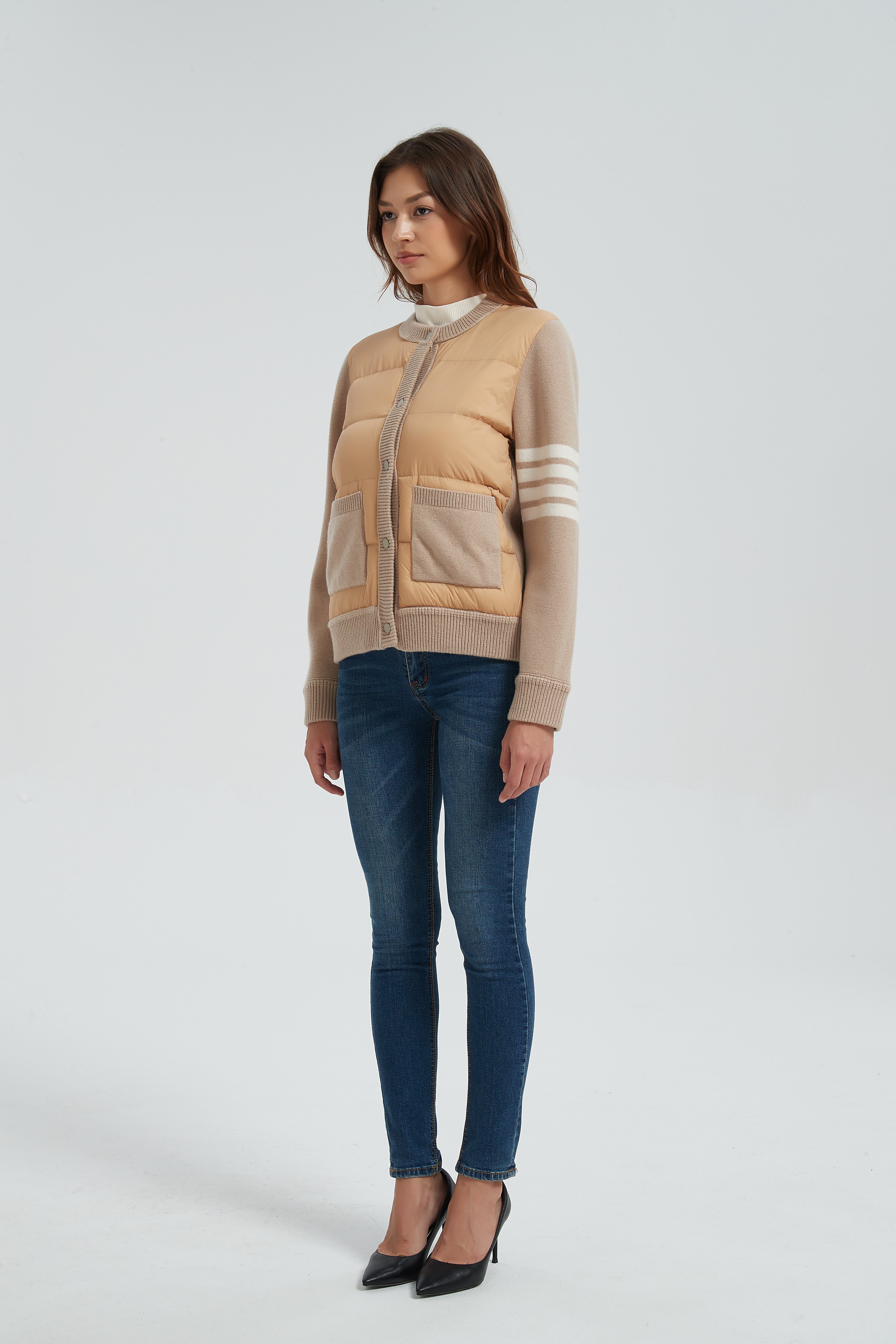 New design women khaki button-style cashmere down jacket from China