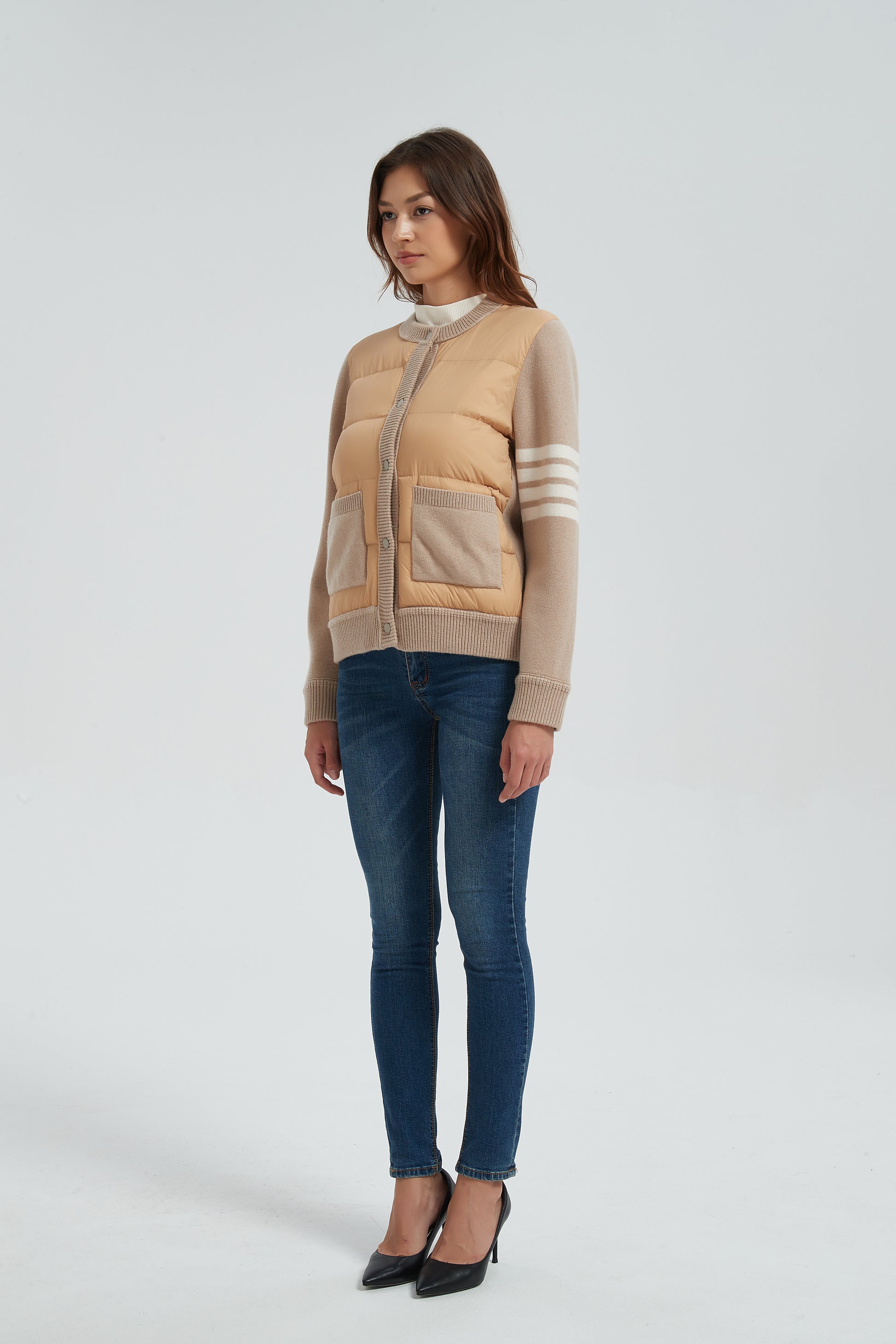 New design women khaki button-style cashmere down jacket from China