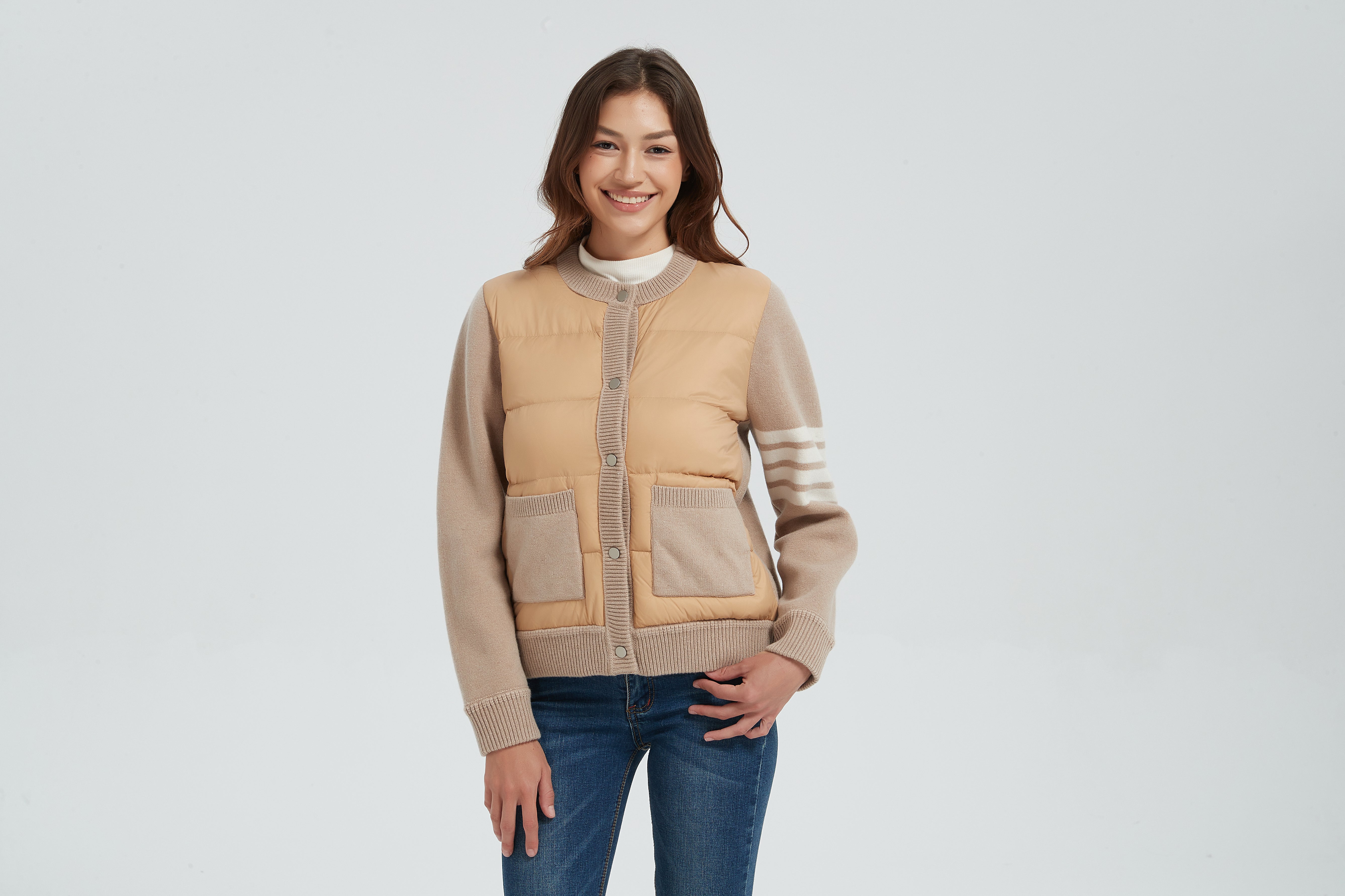 New design women khaki button-style cashmere down jacket from China