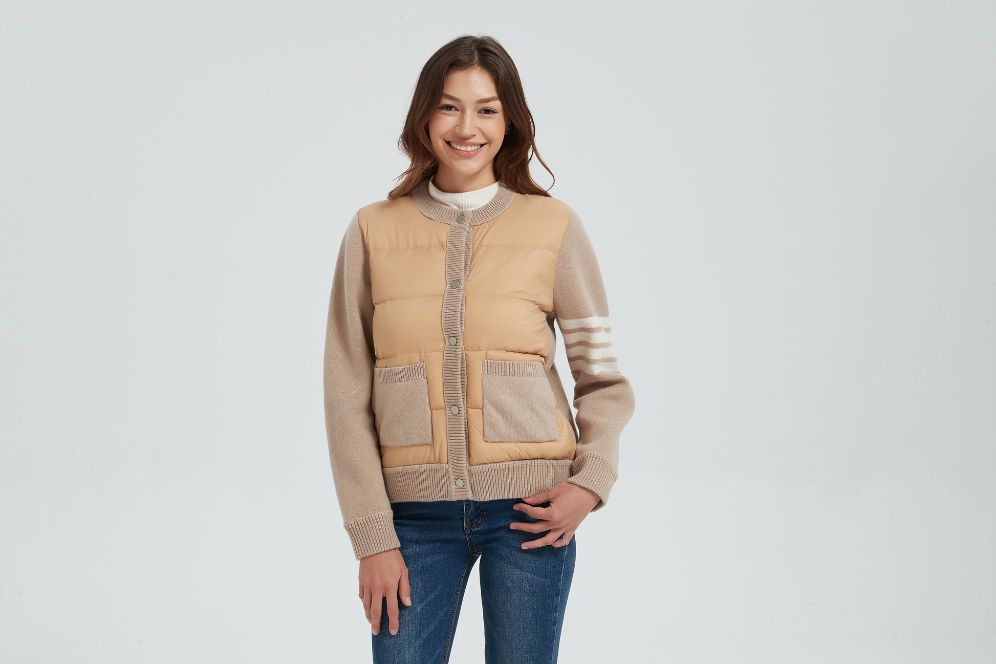 New design women khaki button-style cashmere down jacket from China