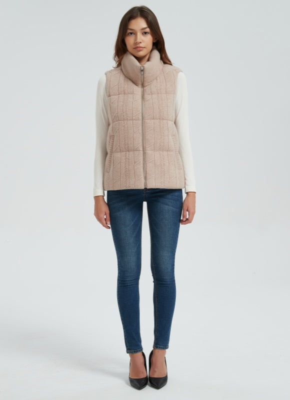New design wholesale high quality women cable knit stand collar down vest from Chinese manufacture