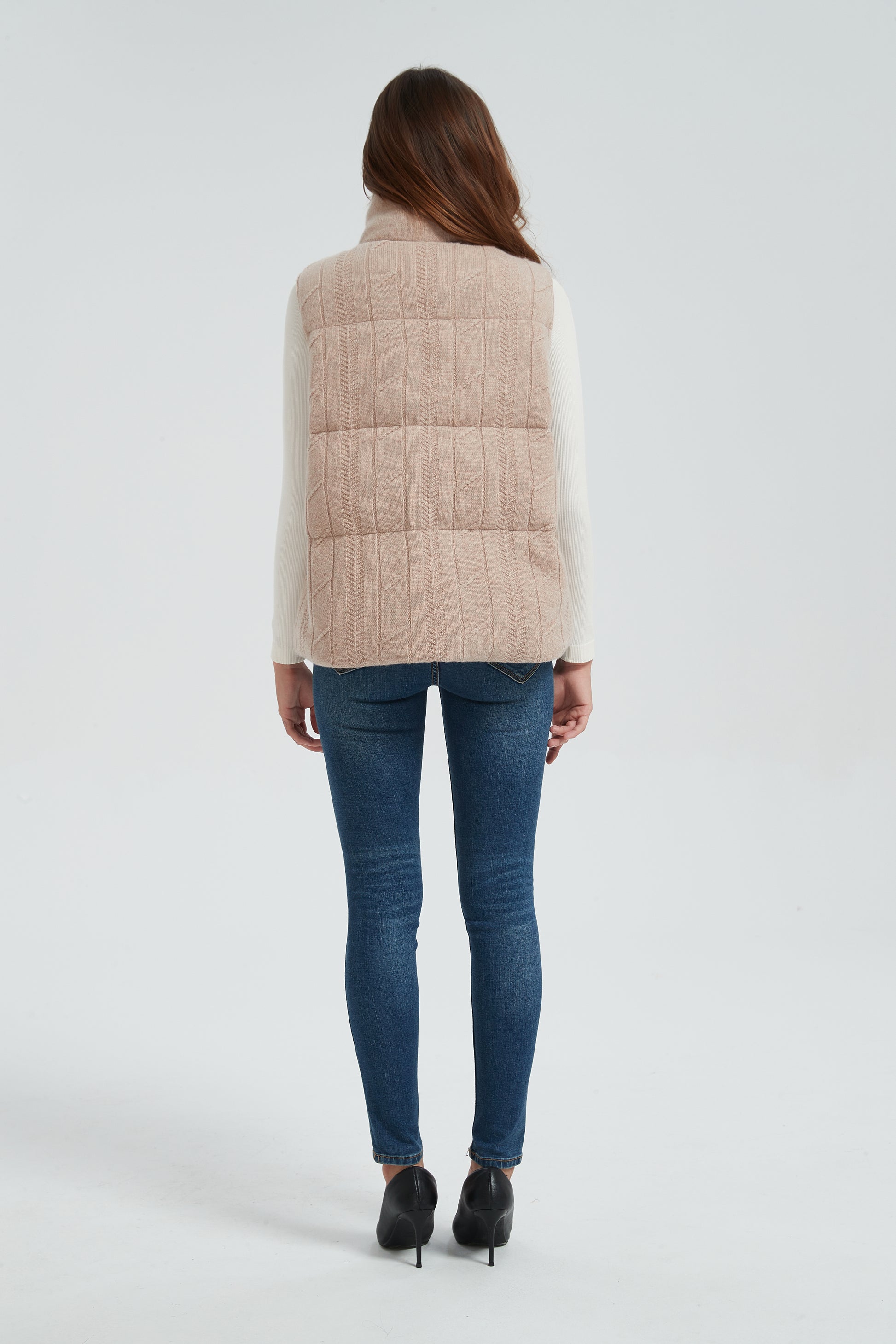 New design wholesale high quality women cable knit stand collar down vest from Chinese manufacture