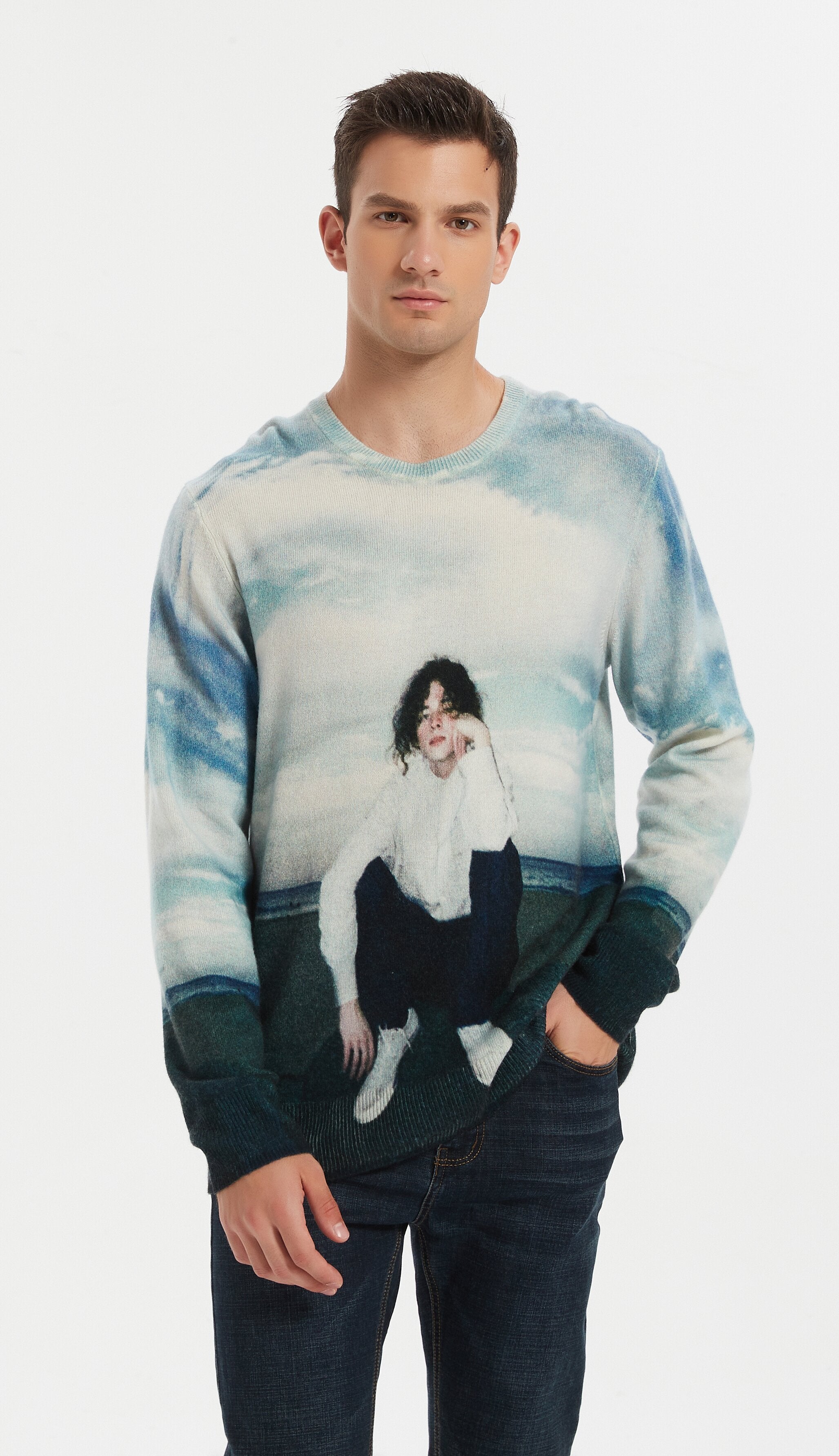 New design men's digital printing crew neck cashmere sweater from chinese factory