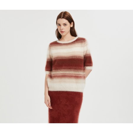 Custom high quality Women's Short Sleeve 100% Stripe Brushed Cashmere Sweater from China