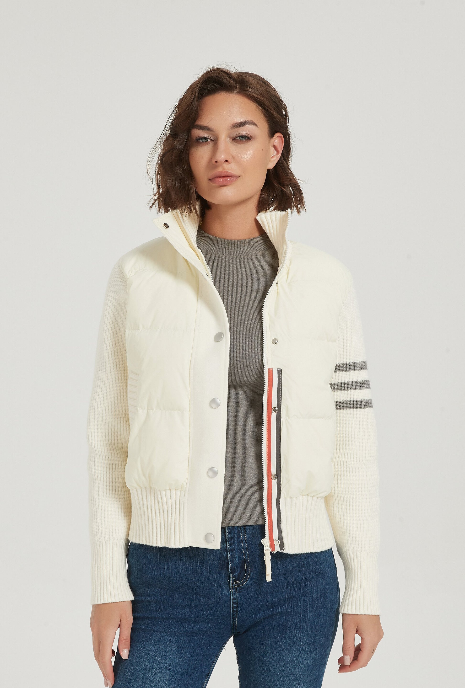 New design women cashmere striped patchwork down jacket from Chinese