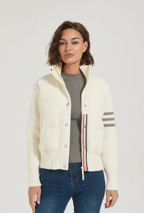 New design women cashmere striped patchwork down jacket from Chinese