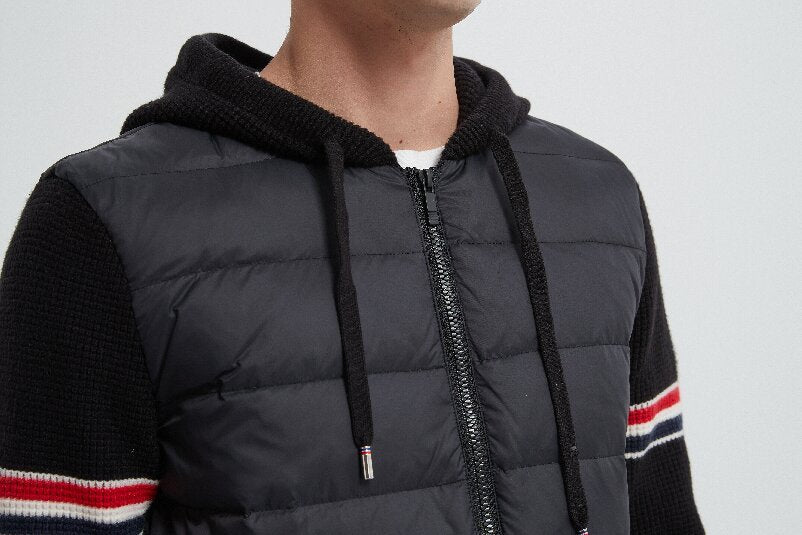 OEM men's hooded striped warm cashmere down jacket from China