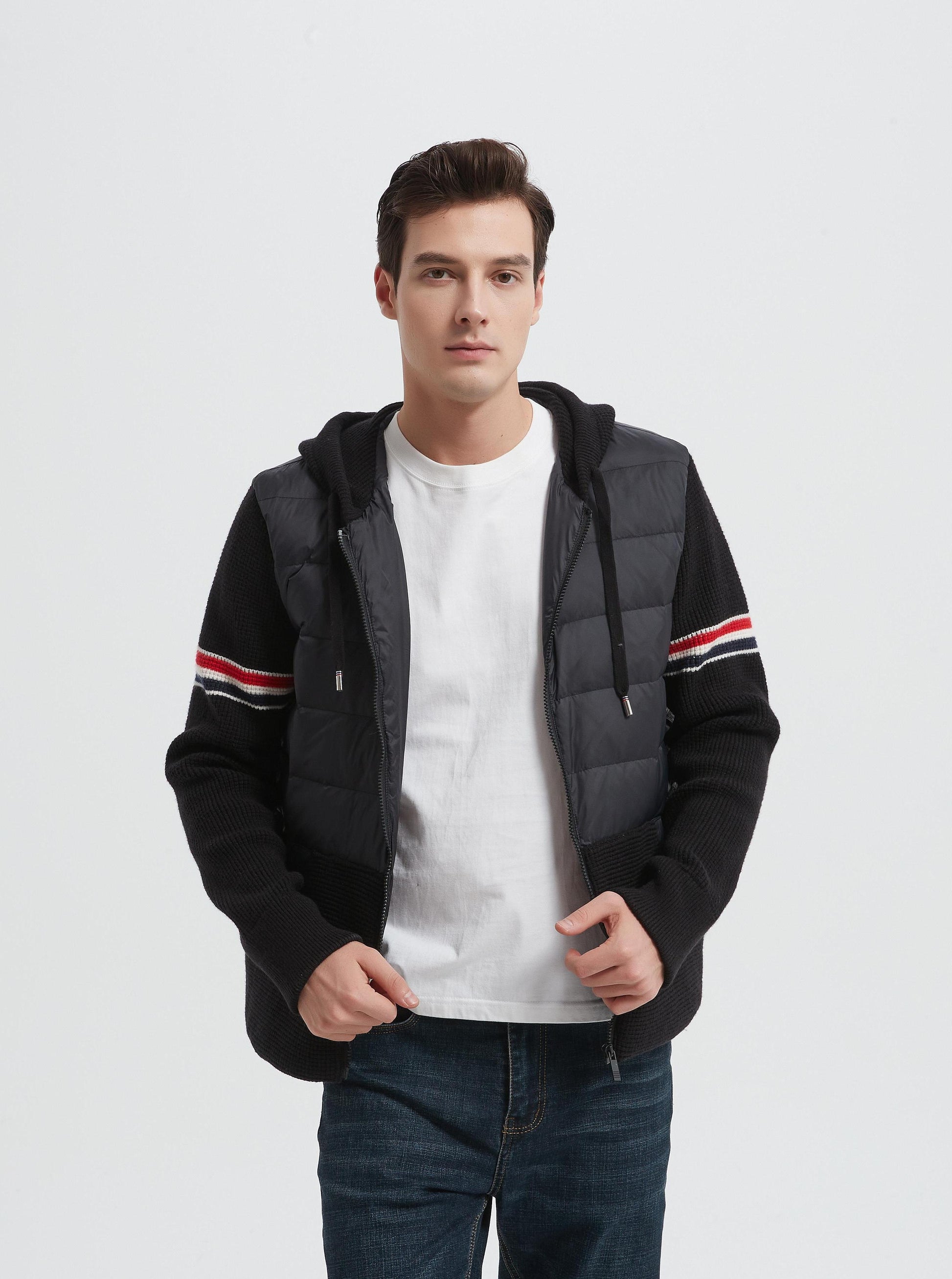 OEM men's hooded striped warm cashmere down jacket from China