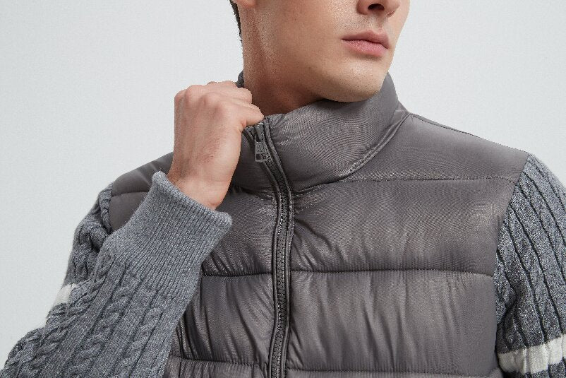 OEM high quality men's knitted panel stand-collar down jacket from Chinese
