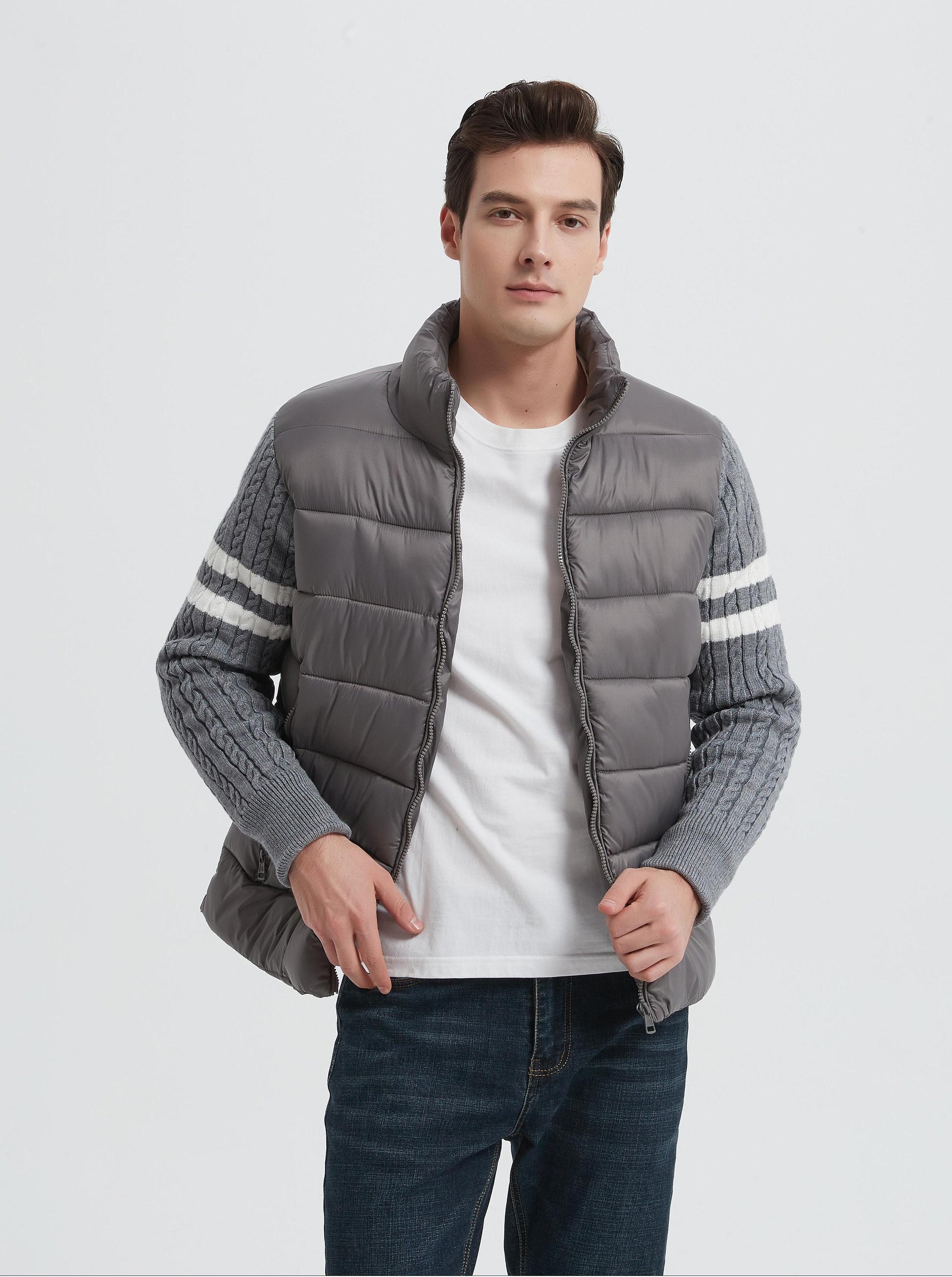 OEM high quality men's knitted panel stand-collar down jacket from Chinese