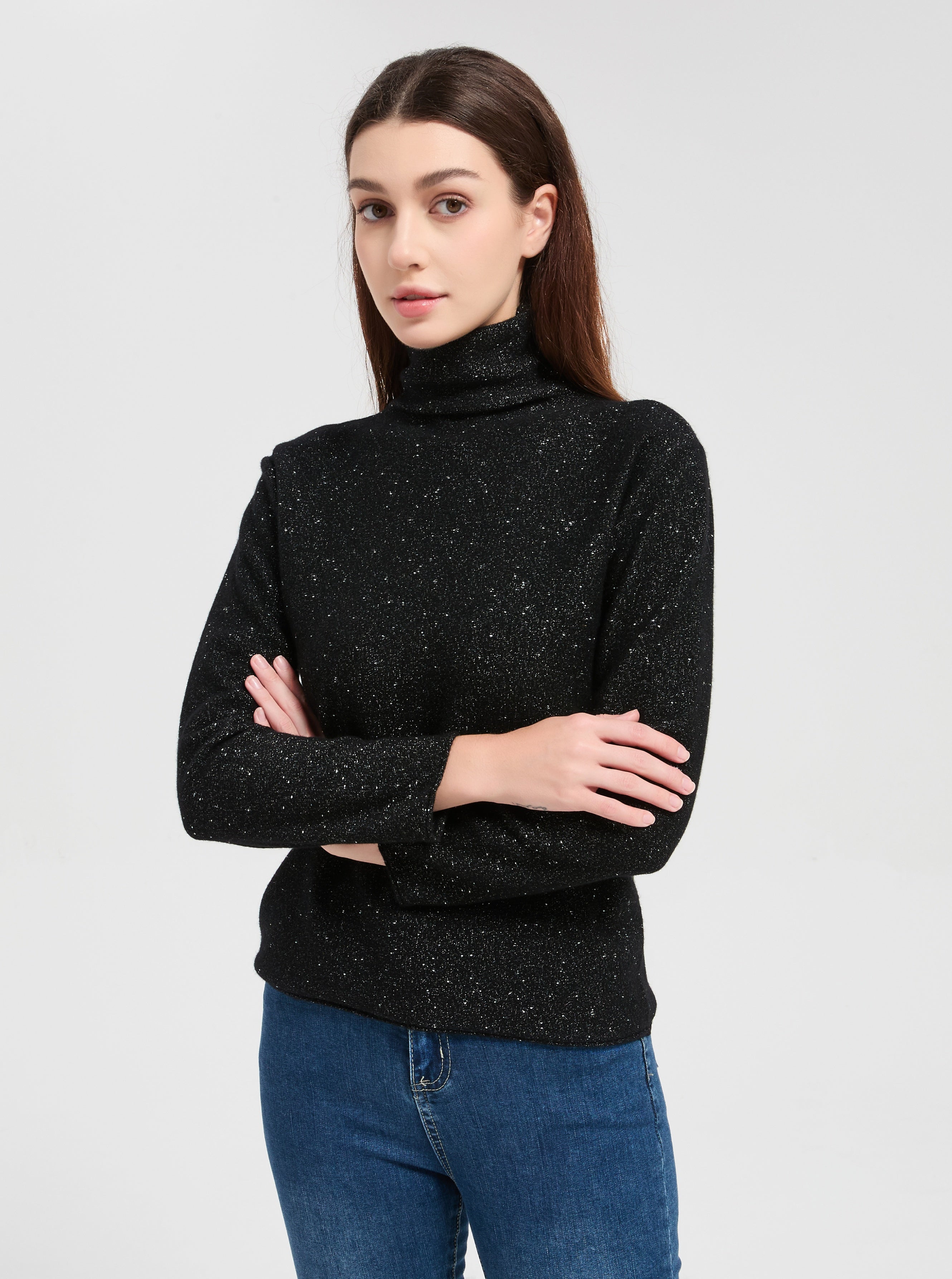 New arrival high quality wholesale Women's Lurex Cashmere Turtleneck Sweater with White Label Service from Chinese factory