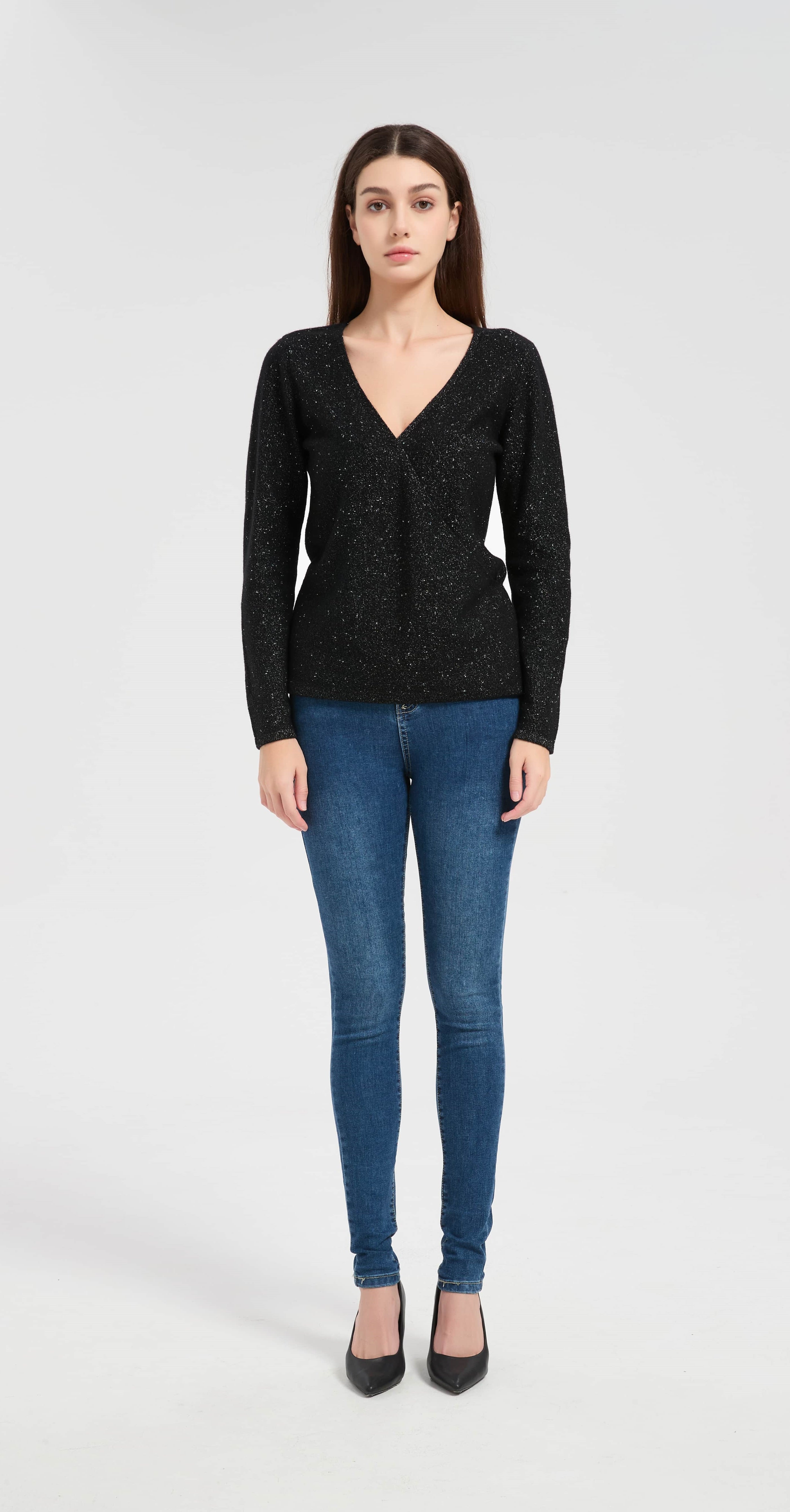 New arrival high quality Women's Lurex Cashmere V-neck Sweater with White Label Service from Chinese manufacturer