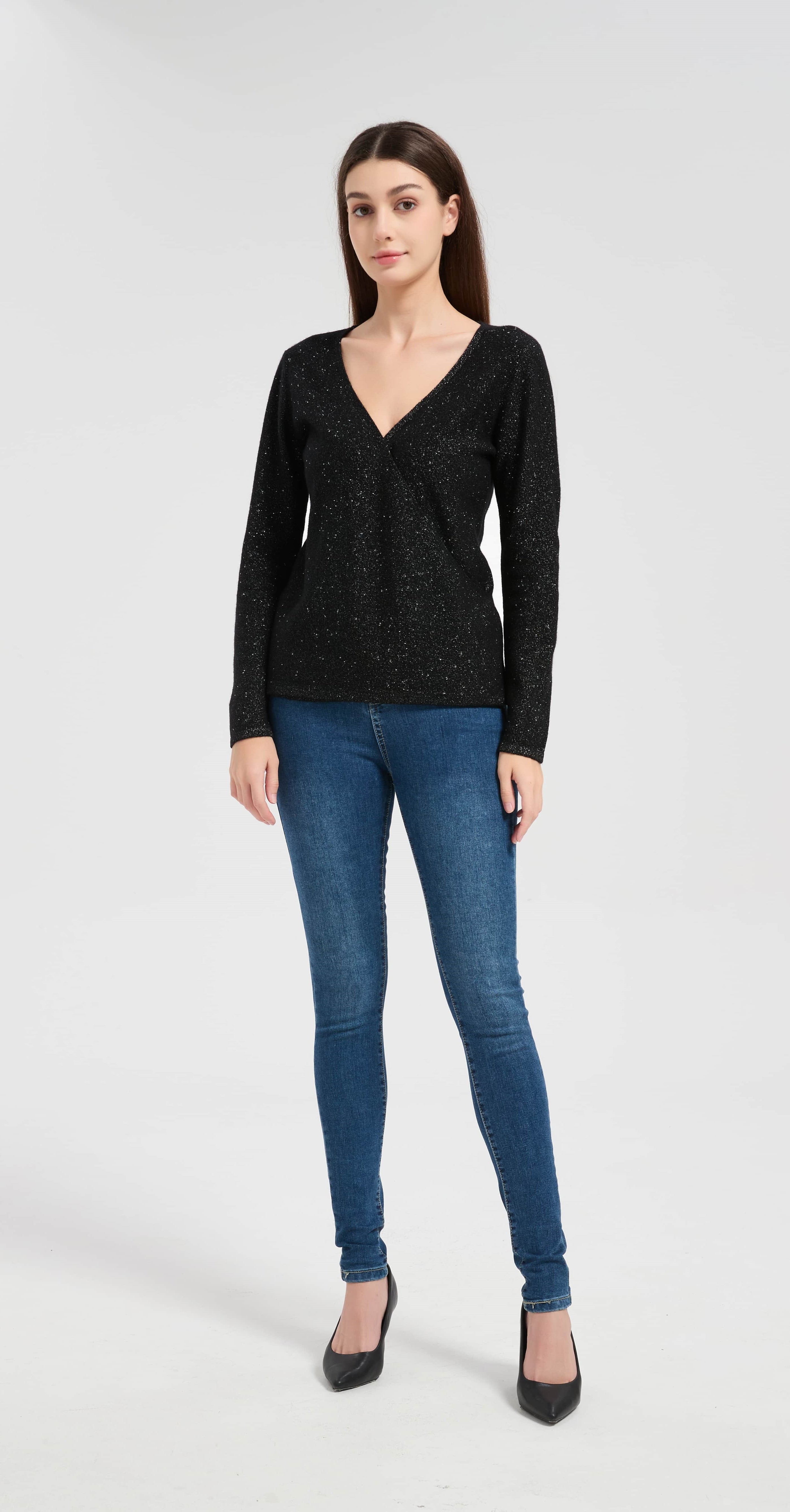 New arrival high quality Women's Lurex Cashmere V-neck Sweater with White Label Service from Chinese manufacturer