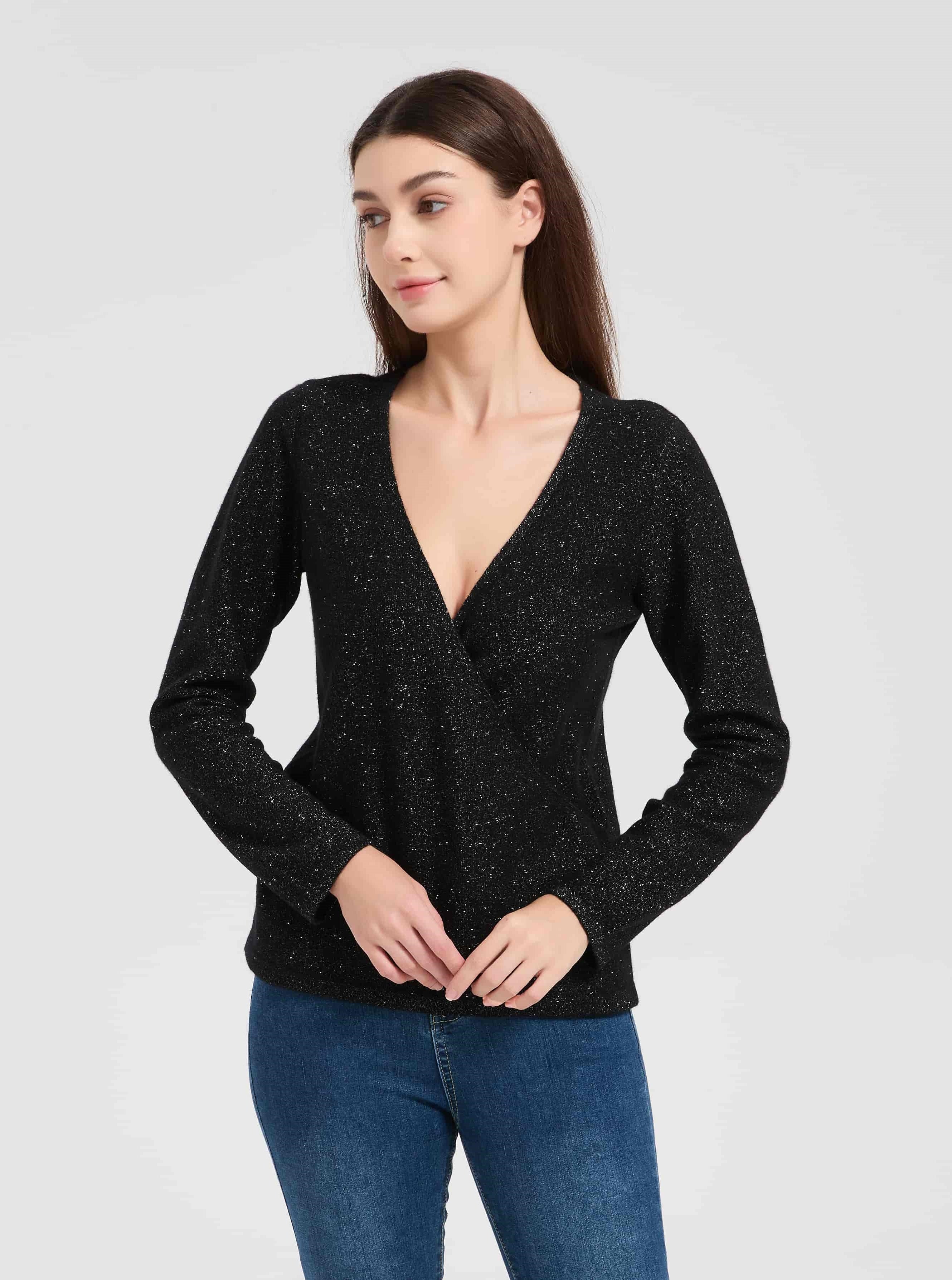 New arrival high quality Women's Lurex Cashmere V-neck Sweater with White Label Service from Chinese manufacturer