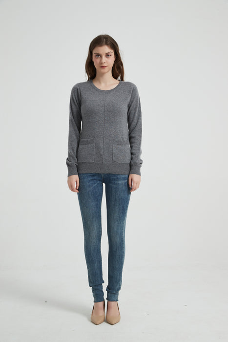 Women's Grade-A Cashmere Crewneck Sweater with Pockets