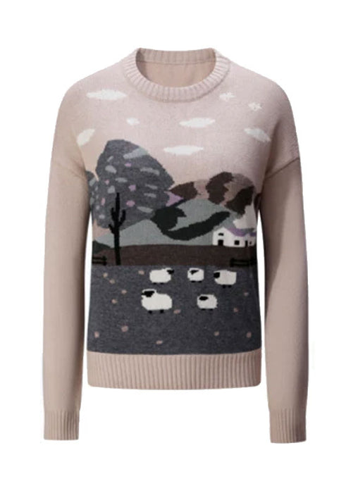 Cashmere knitting parent-child sweater with landscape intarsia pattern in nature color